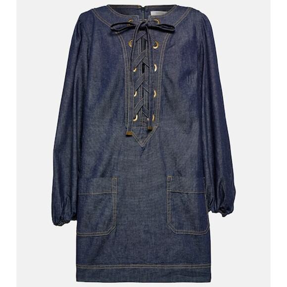 Zimmermann 'Devi' Blue Cotton Lace-Up Denim Mini Dress Size